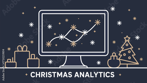 Computer screen displaying a line graph with christmas icons and gifts on a dark blue background