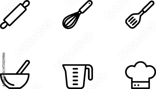 Kitchen Cooking Tools Rolling Pin Whisk Spatula Bowl Measuring Cup Chef Hat Vector Illustration for Recipes and Cooking Guides