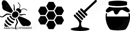 Bee honeycomb honey dipper and honey jars set for natural food and beekeeping designs