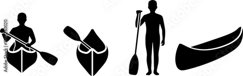 Black Silhouettes of Canoe Kayak Watercraft with Person and Paddle for Outdoor Adventure Design