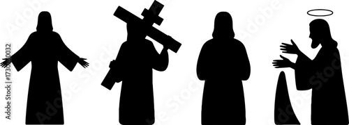 Religious silhouette figures including praying carrying cross and holy man with halo vector illustration for spiritual design