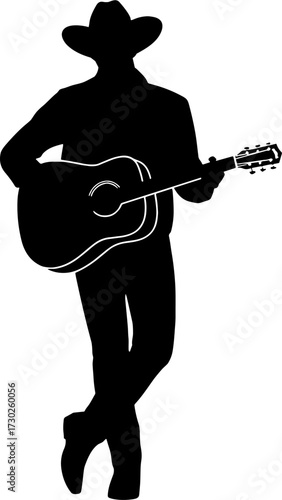 Silhouette of Cowboy Guitarist in Western Attire Playing Music