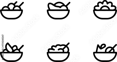 Line Art Bowls of Foods for Menu Design and Culinary Projects