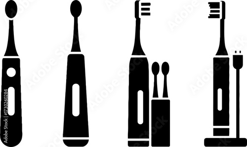 Electric toothbrushes with multiple brush heads and charging stand vector illustration for dental care designs