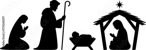 Nativity Scene Silhouette with Mary Joseph Baby Jesus and Star