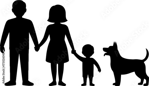 Family Silhouettes Holding Hands with Dog and Child for Design