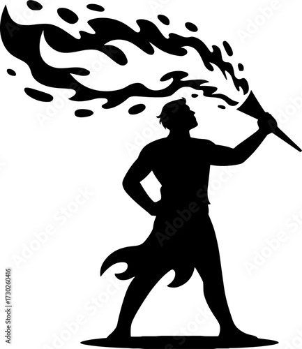 Heroic Silhouette of a Man Holding a Torch with Flames