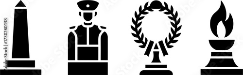 Military Memorial Symbols Obelisk Soldier Bust Laurel Wreath and Eternal Flame Vector Illustration for Commemoration