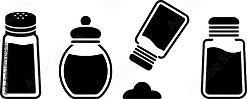 Black and white vector illustration of various salt shakers and spice containers for kitchen and cooking designs