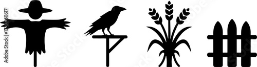 Scarecrow Crow Wheat Plant Fence Silhouette Vector Art Design