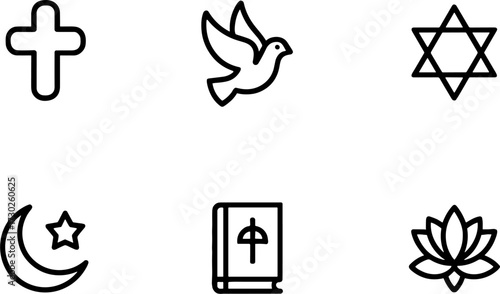 Religious Symbols Set Including Cross Dove Star Moon Book Lotus