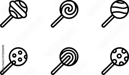 Vector illustration of six different lollipops with various patterns ideal for coloring book tattoo design