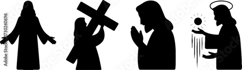 Silhouette Illustrations of Jesus in Various Poses for Spiritual Art