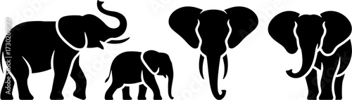 Silhouette Collection of Elephants Including Adult and Baby Elephants