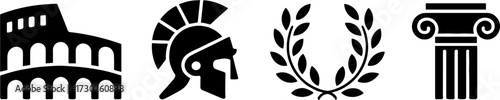 Ancient Roman Symbols Black Silhouettes Including Colosseum Gladiator Helmet Laurel Wreath and Ionic Column for History Design
