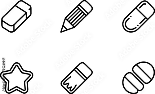Black Outline Eraser Pencil Capsule Star and Pill Vectors for Educational and Medical Designs