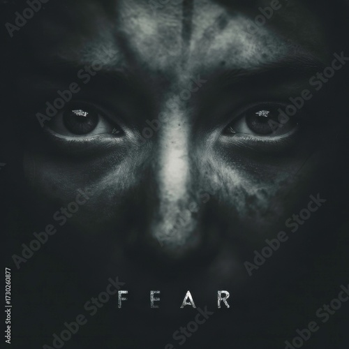 Illustration of fear emotion, abstract drawing of scared facial expression, psychological concept artwork, anxiety, stress, panic and mental health themed design