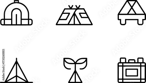 Campings Set Tent Campfire and Outdoor Gear Vector Line Art