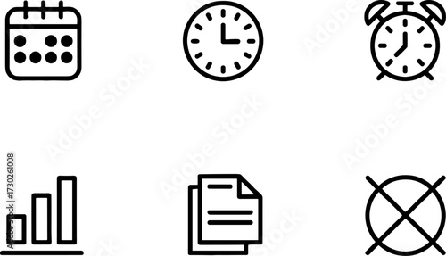Calendar Clock Alarm Bar Graph Document and Cancels Set for Scheduling Workflow and Time Management