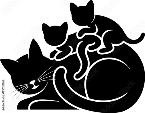 Playful Cat with Kittens in a Charming Silhouette Design