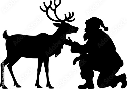 Santa Claus Kneeling and Touching Reindeer Antlers Christmas Holiday Celebration Design