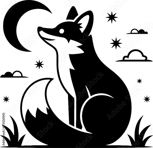 Fox sitting under crescent moon night sky with stars and clouds magical nature illustration for tattoo design