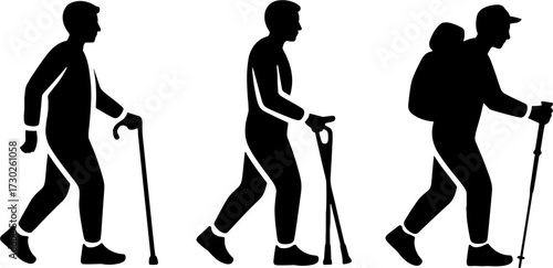 Silhouette of Men Walking with Cane Crutches and Hiking Backpack for Mobility and Outdoor Recreation