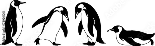 Penguin Silhouettes in Various Poses Including Standing Walking Bowing and Lying Down Illustration for Coloring or Tattoo