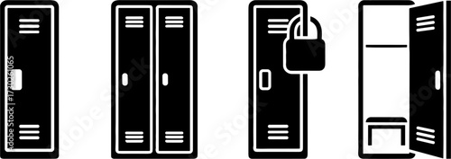 Black School Lockers Set with Opened Locked and Closed Perspectives