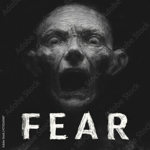 Illustration of fear emotion, abstract drawing of scared facial expression, psychological concept artwork, anxiety, stress, panic and mental health themed design