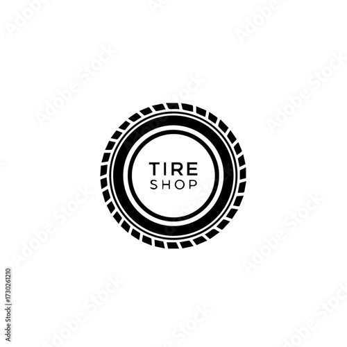Minimalist tire shop logo design with a circular wheel emblem. Vector icon for an automotive service, repair center, or car maintenance business