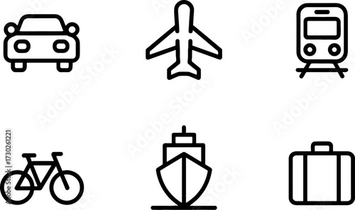 Transportations Set Car Airplane Train Bicycle Ship Luggage