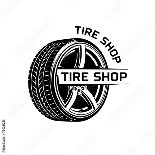 Monochrome emblem for a tire shop featuring a detailed car wheel. Vector icon representing automotive service and vehicle repair for a garage or mechanic business