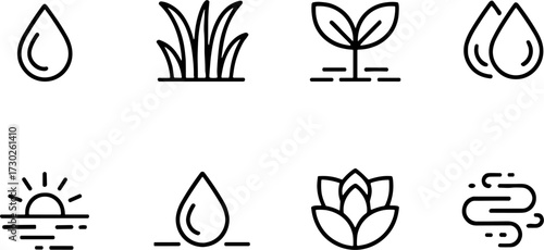 Nature Elementss Set Including Water Grass Plant Sun Wind Lotus