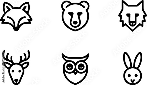 Wild Animal Faces Lines Fox Bear Wolf Deer Owl Rabbit Head Designs for Nature Tattoos Coloring