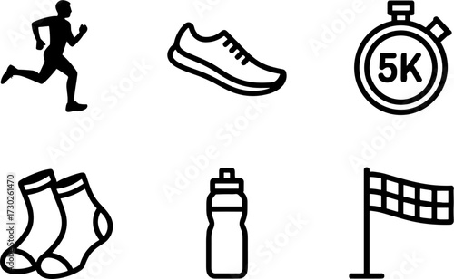 Running Gears Including Runner Shoes Stopwatch Water Bottle Socks Flag