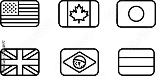 Minimalist Outline Flags of USA Canada Japan UK Brazil and Latvia