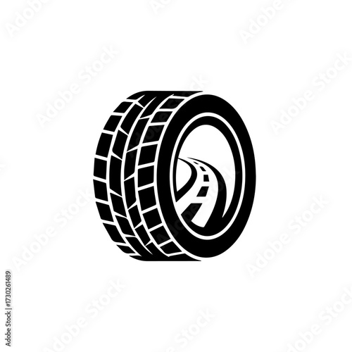 Dynamic black and white vector illustration of a robust vehicle tire integrated with a curving road, perfect for auto repair, travel, or driving-related concepts and branding