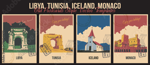 Libya, Tunisia, Iceland, Monaco Main Attractions Postcard Set. Vík í Mýrdal Church, The Prince’s palace of Monaco, Leptis Magna Ancient Ruins, Ammaedara Arch Ruin