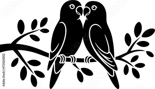Two Lovebirds on Branch Embracing in Elegant Black Silhouette Design