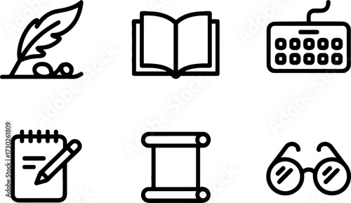 Creative Writing Toolss Quill Book Keyboard Notebook Scroll Glasses
