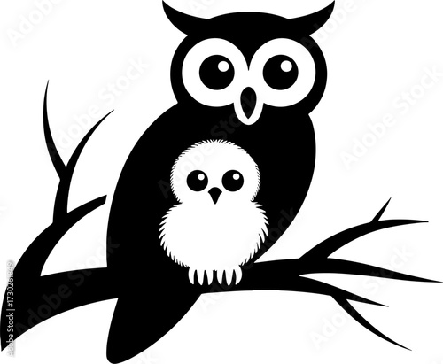 Owl and Chick Sitting on Tree Branch Cute Animal Illustration