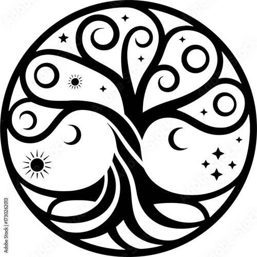 Symbolic Tree of Life Design with Sun and Moon Elements for Art