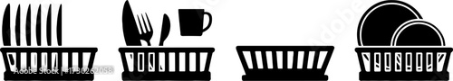 Kitchen Dish Rack with Knives Forks Spoons Cup Plates and Empty Tray Vector Illustration for Home Use and Culinary Design