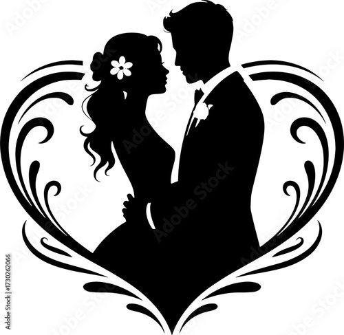 Romantic Silhouette of Couple Inside Heart Shape with Ornate Swirls