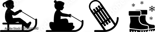 Children Sledding Winter Activities Silhouette Illustrations