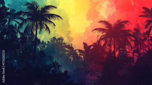 Tropical palm trees colorful sunset landscape wallpaper