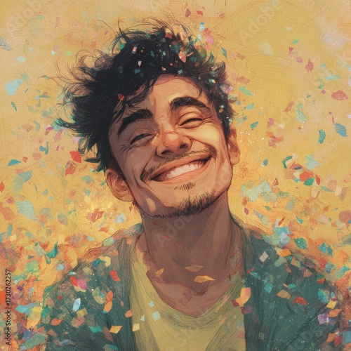 Illustration of happy emotions, joyful facial expression artwork, positive mood concept, cheerful character drawing, psychology and mental health theme, emotional wellbeing design