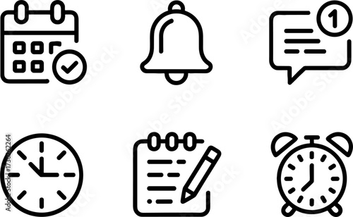 Simple Black Lines Representing Calendar Reminder Notification Clock and Note Taking for Productivity
