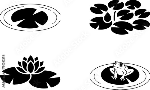 Black and White Illustrations of Water Lilies and Frog Designs